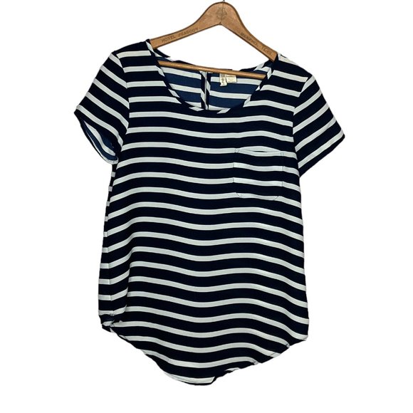 Anthropologie Small‎ S Japna Navy White Striped Crepe Front Pocket Blouse Top - Picture 1 of 3